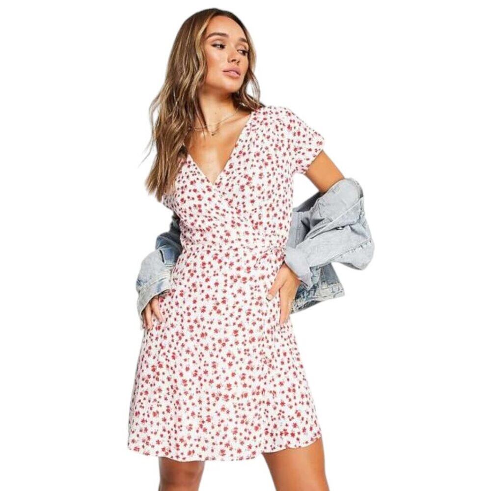 NWT & Other Stories Red Floral Mini Dress Short Sleeve Wrap Style EUR 36/US 6